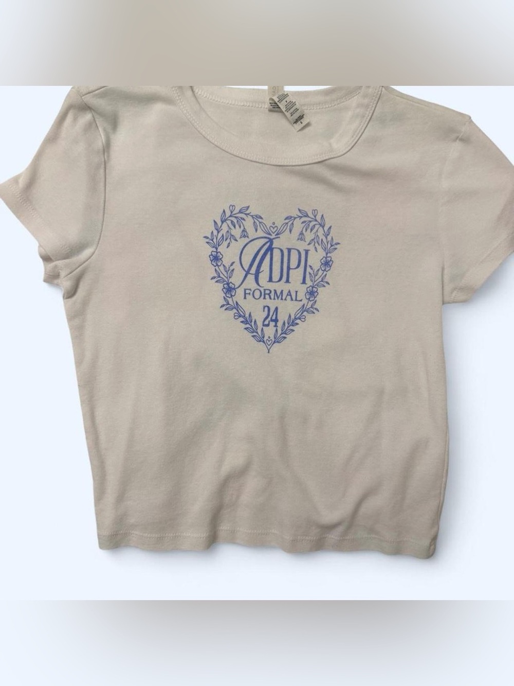 Formal Beige Short Sleeve Tee with Blue Heart Graphic